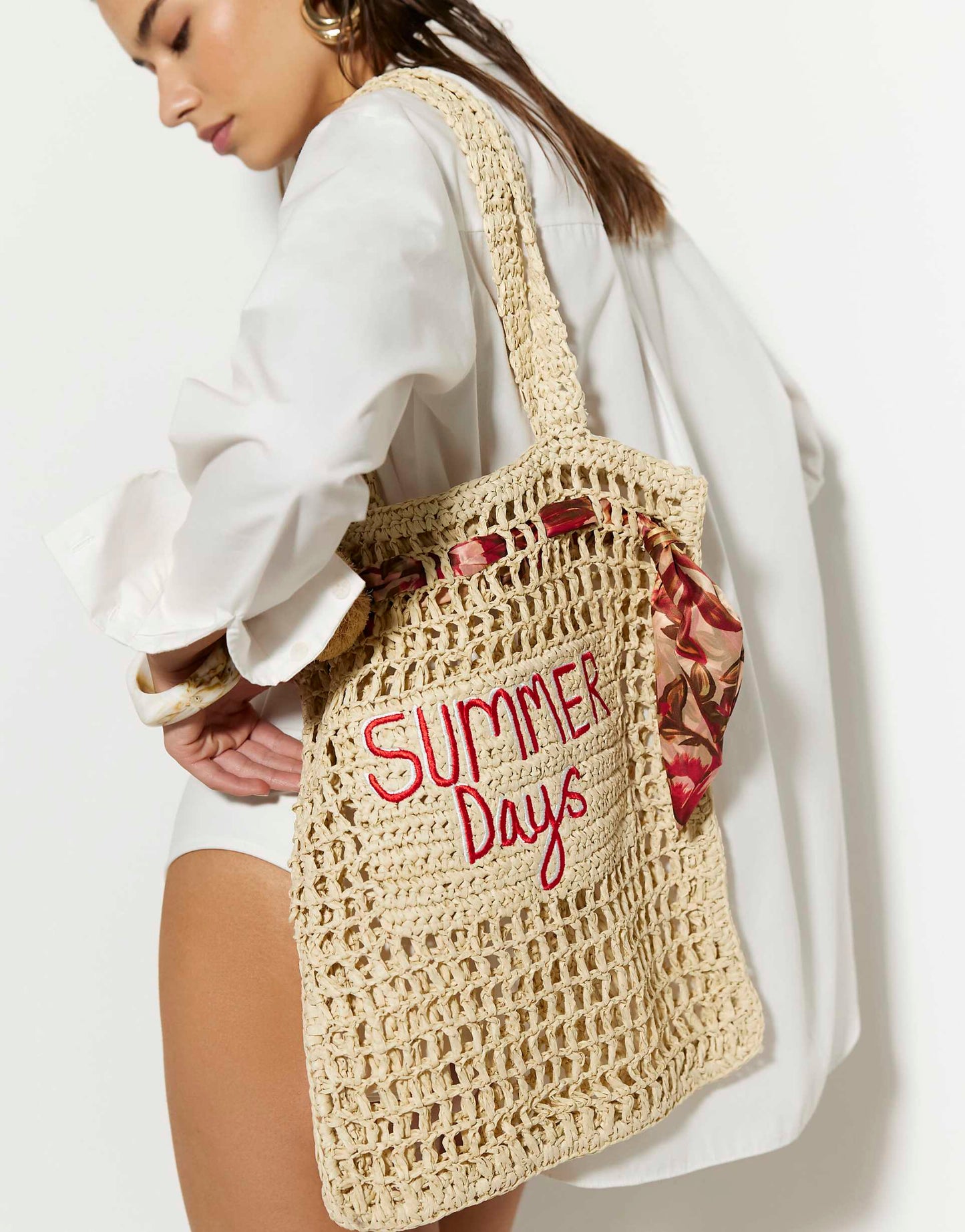 Printed Raffia Scarf Shopper Beach Bag