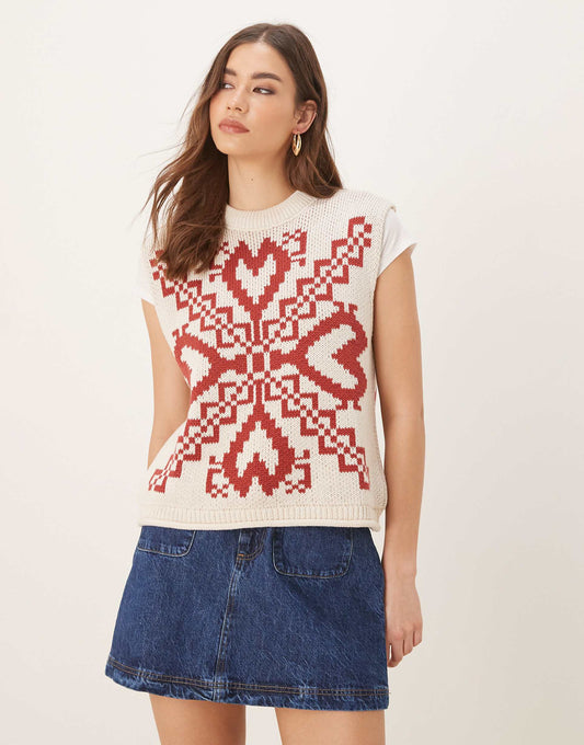 Knitted Crew Neck Tank With Folk Print And Fringe Detail