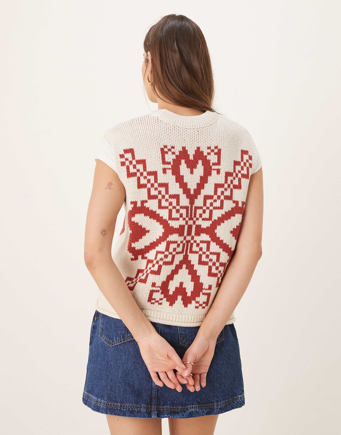 Knitted Crew Neck Tank With Folk Print And Fringe Detail