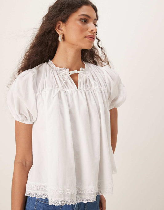 Cotton Lace Trim Blouse