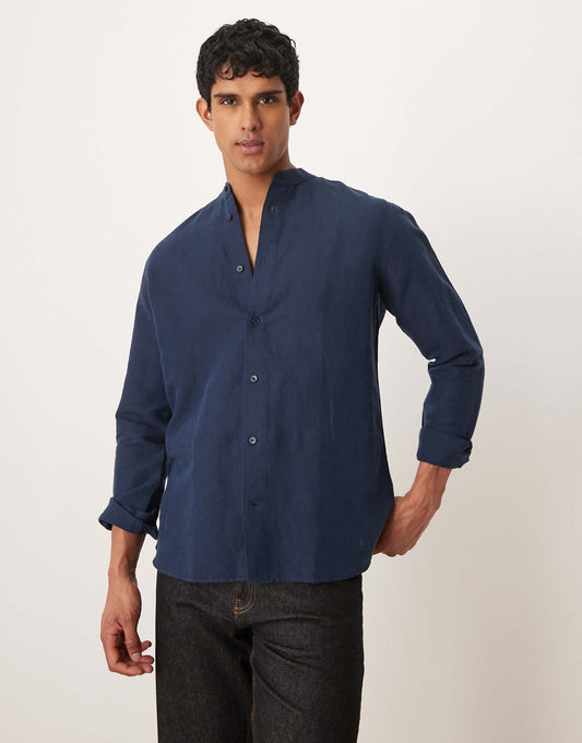 Grandad Collar Linen Longsleeve Shirt
