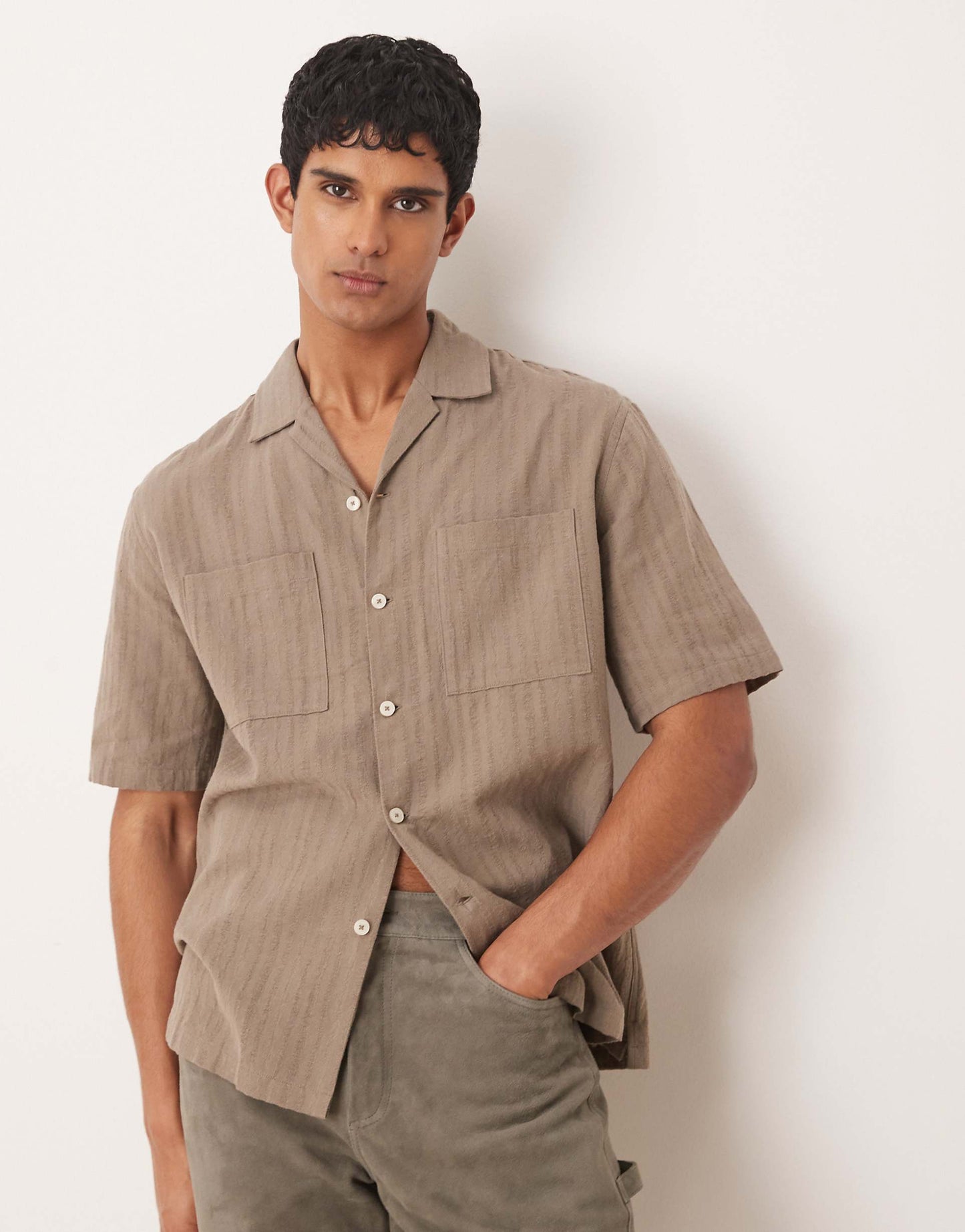 Linen Mix Textured Stripe Short Sleeve Shirt