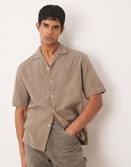Linen Mix Textured Stripe Short Sleeve Shirt