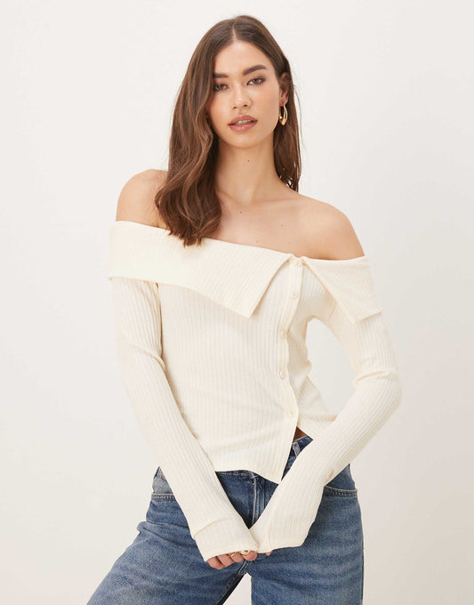 Button Front Ribbed Long Sleeve Off The Shoulder Top