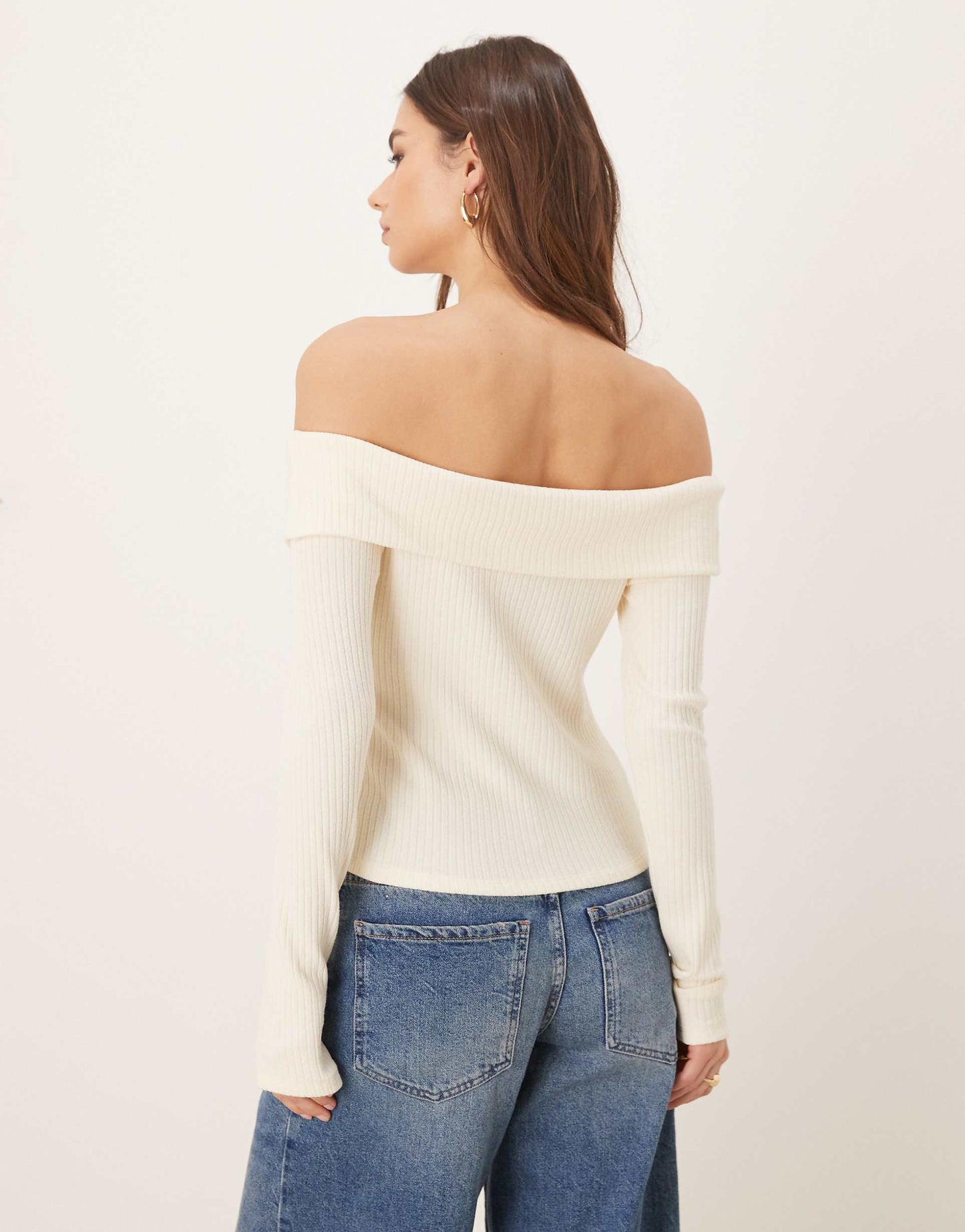 Button Front Ribbed Long Sleeve Off The Shoulder Top