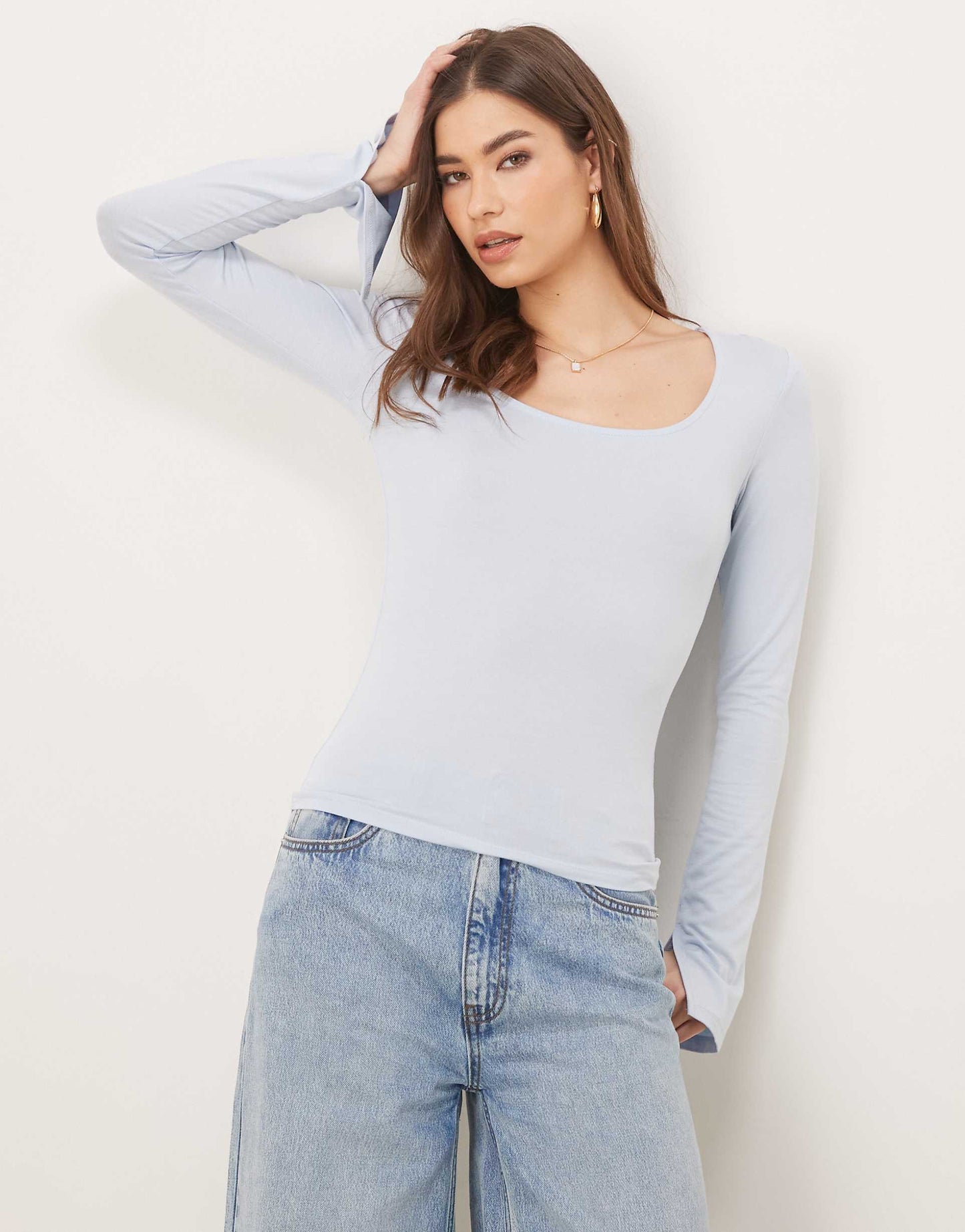 Soft Touch Long Sleeve Top With Scoop Neck And Split Cuffs