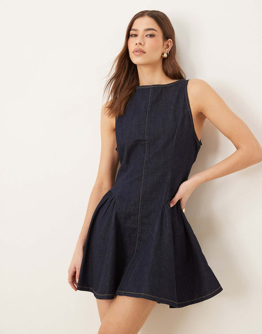 Denim Mini Dress With Gathered Hip Panels