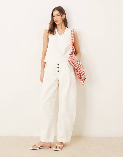 High Rise Barrel Leg Jean With Contrast Button Fly