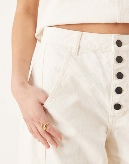 High Rise Barrel Leg Jean With Contrast Button Fly