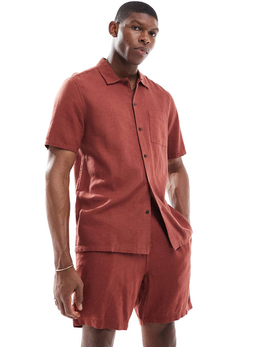 Flat Collar Linen-Blend Shirt Co-Ord