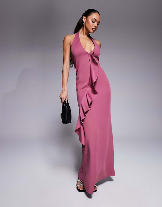 Scuba Plunge Maxi Dress With Ruffle Front Detail