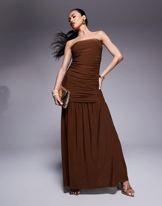 Ruched Bandeau Maxi Dress With Dropped Waist