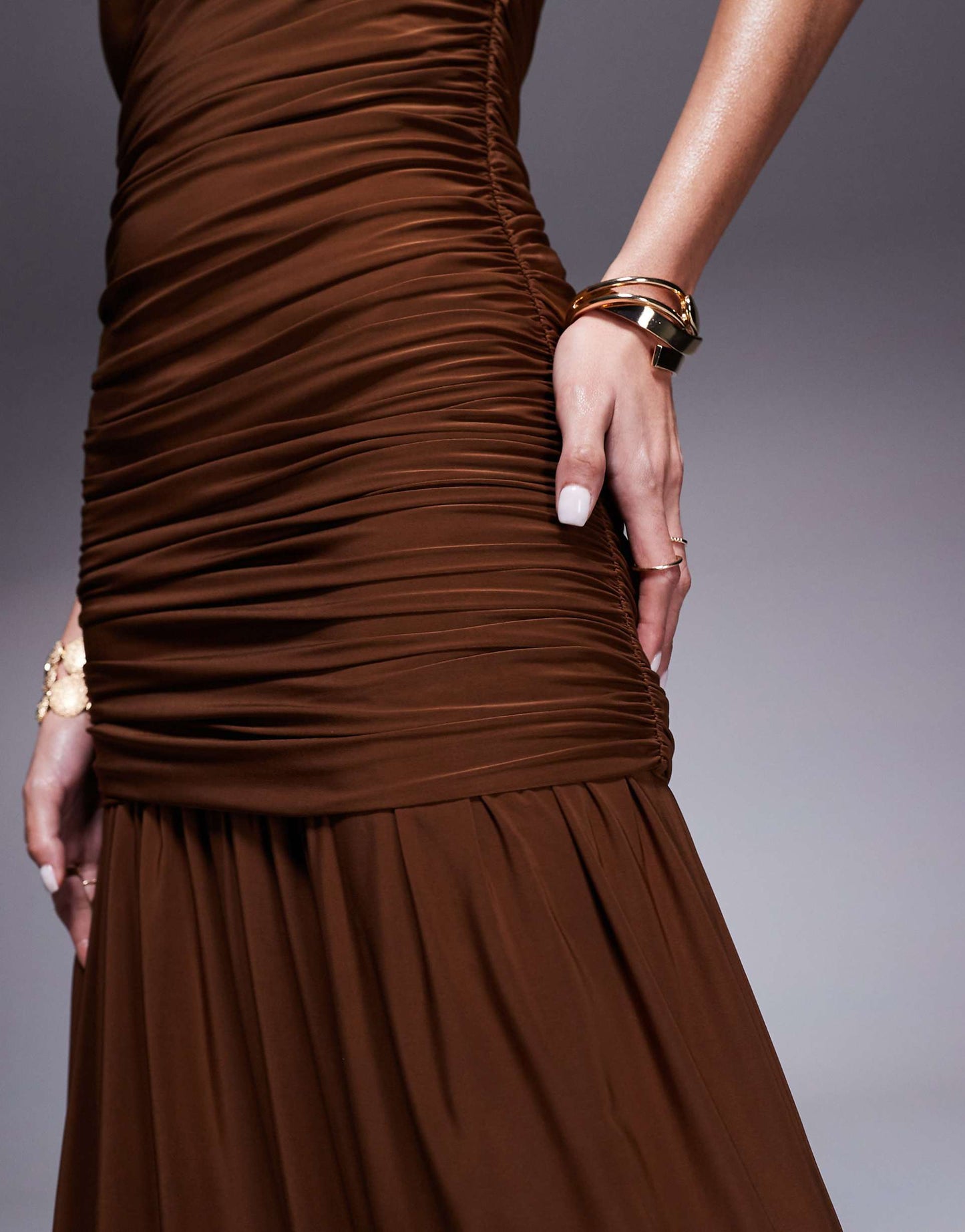 Ruched Bandeau Maxi Dress With Dropped Waist