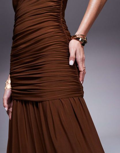 Ruched Bandeau Maxi Dress With Dropped Waist