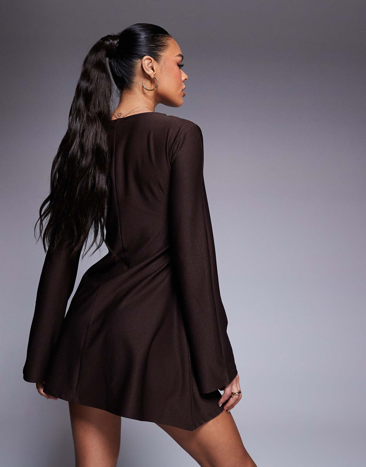 Long Flare Sleeve Mini Dress With Ring Detail