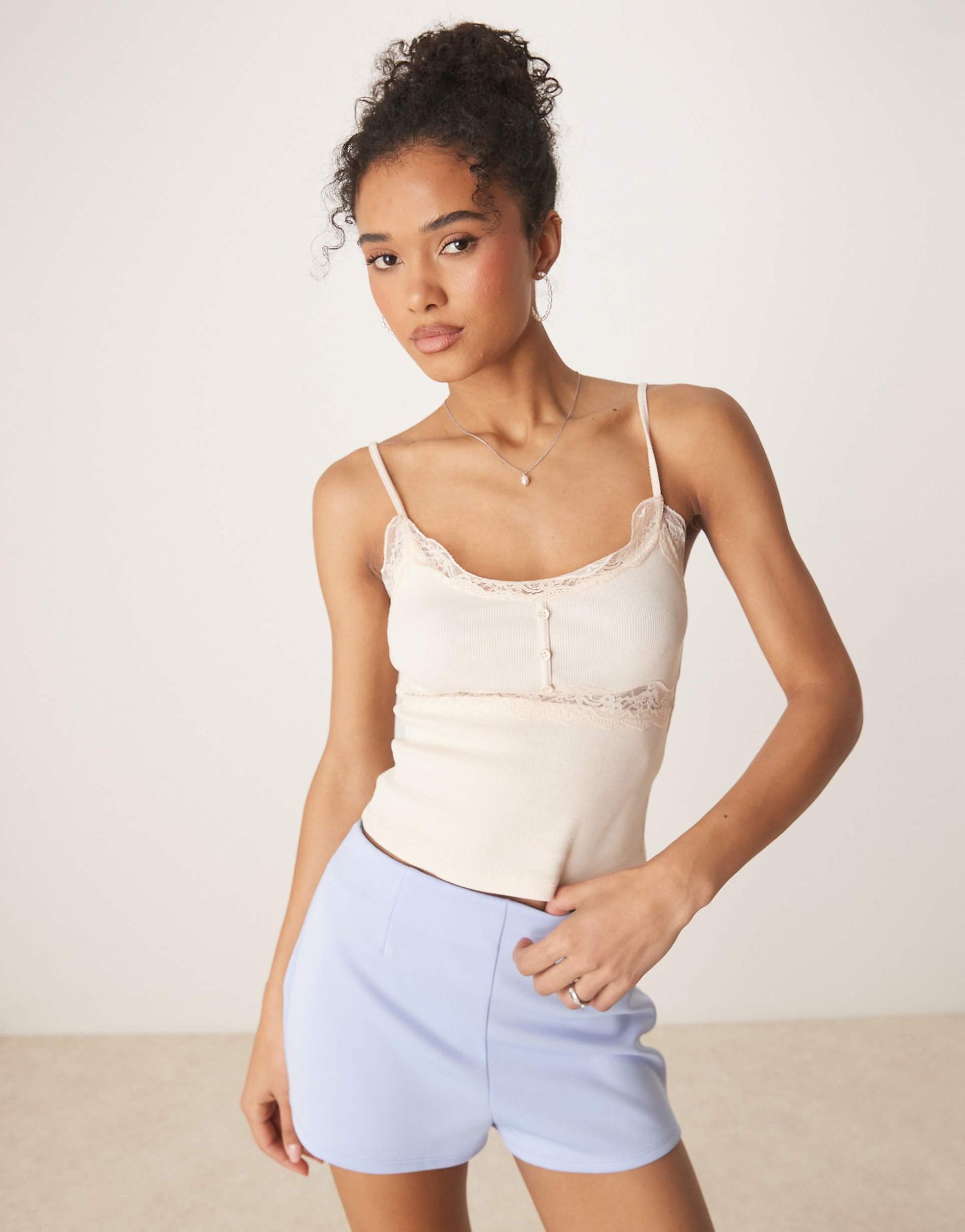 Ribbed Cami Top With Lace And Button Detail