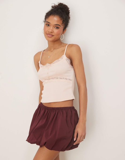 Ribbed Cami Top With Lace And Button Detail