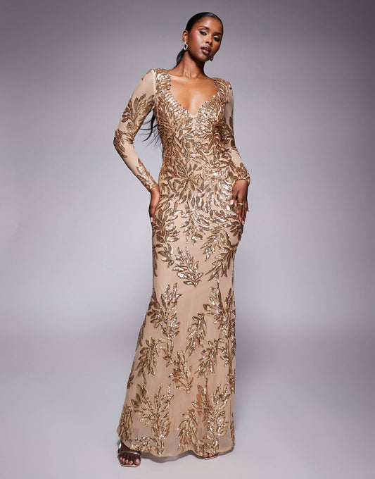 Long Sleeve Sequin Leaf Long Sleeve Maxi Dress