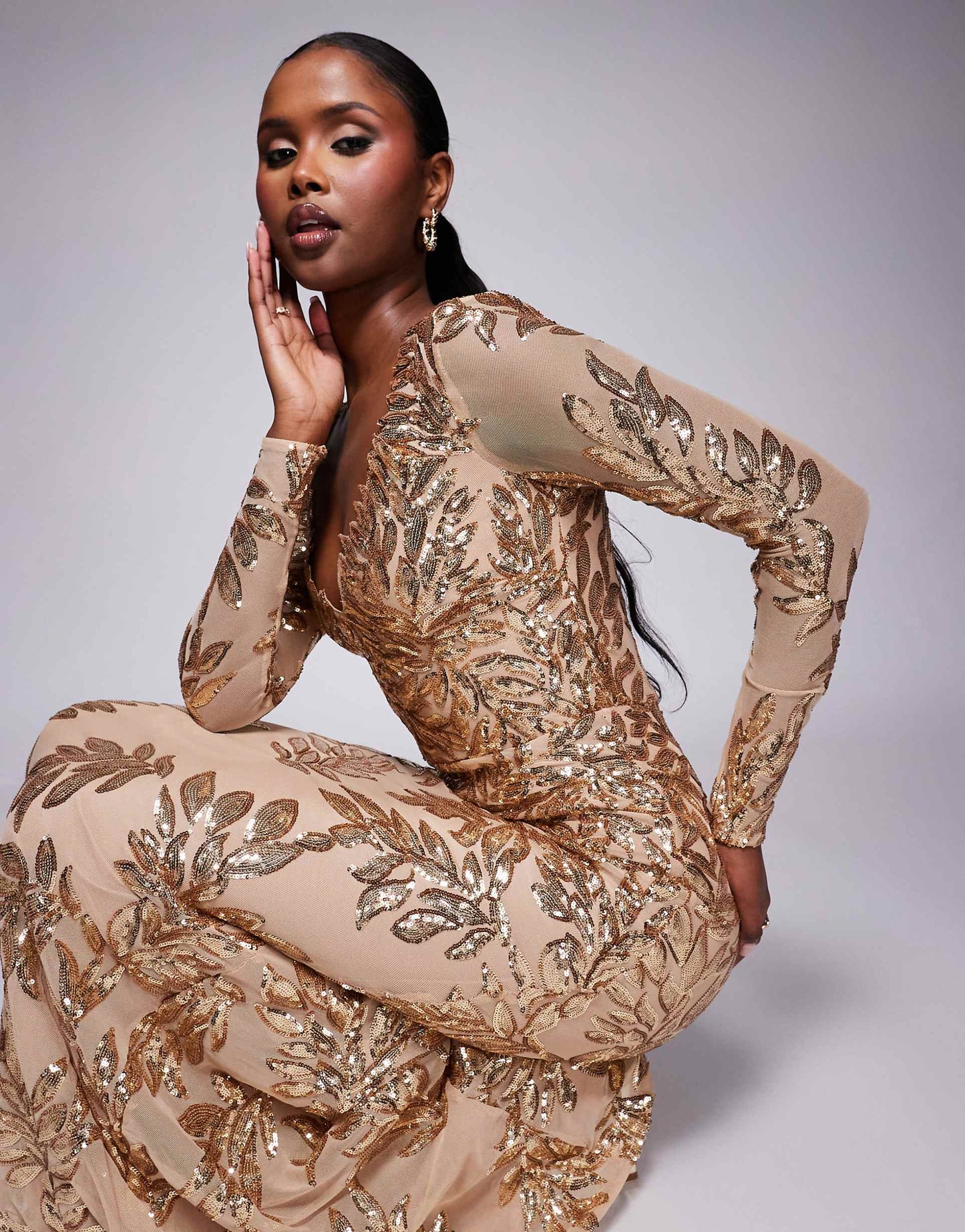 Long Sleeve Sequin Leaf Long Sleeve Maxi Dress