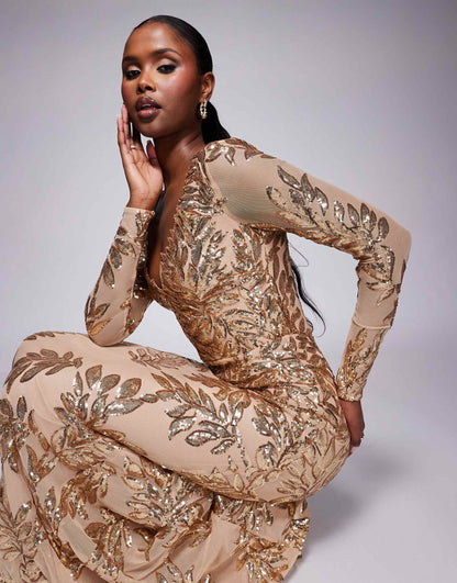 Long Sleeve Sequin Leaf Long Sleeve Maxi Dress