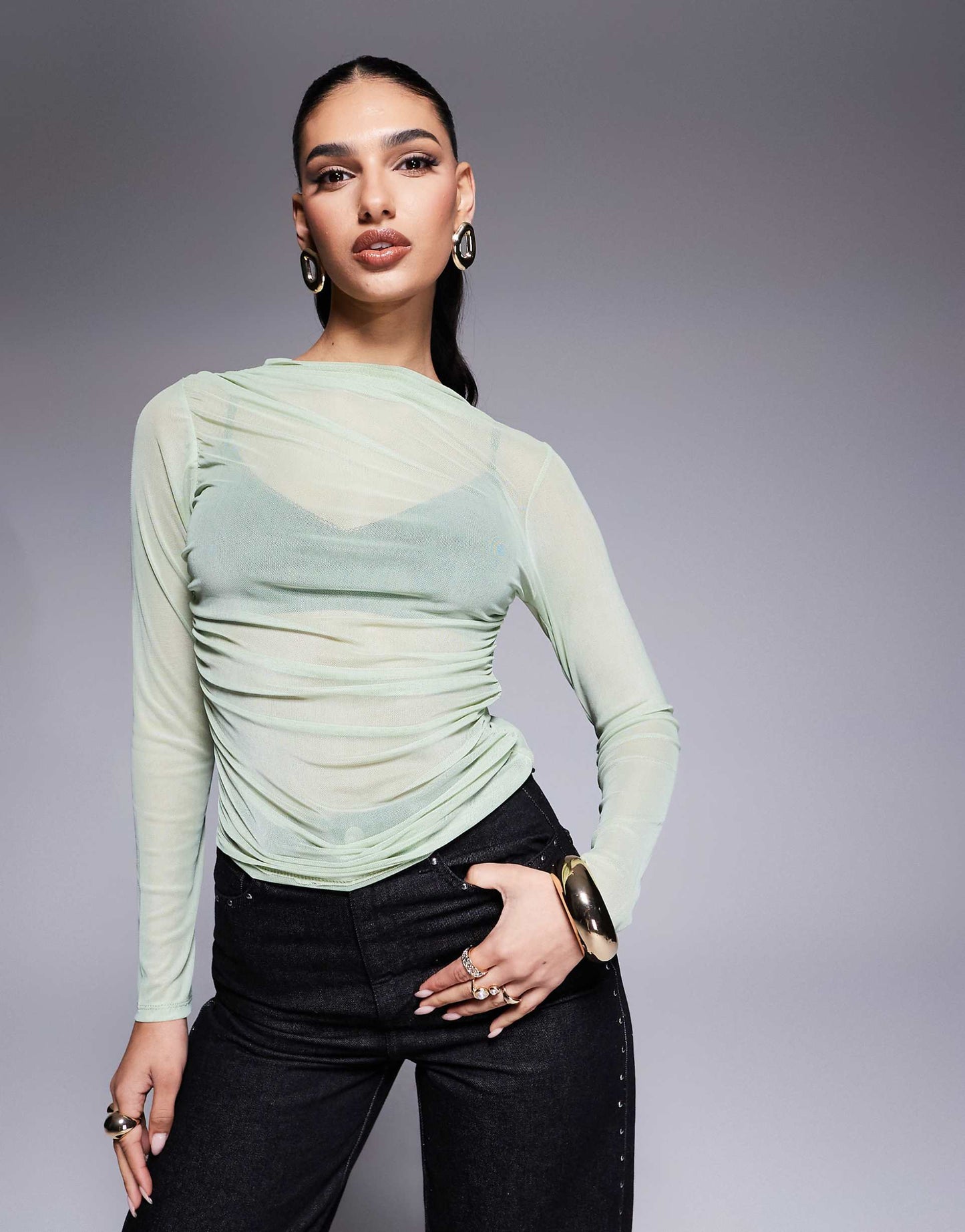 Long Sleeve Ruched Side Mesh Top