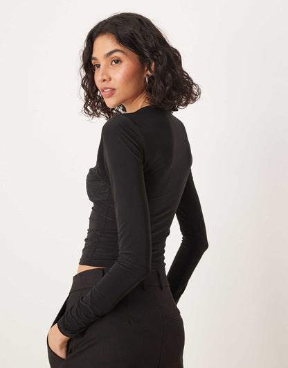 Lace Neck Long Sleeve Top