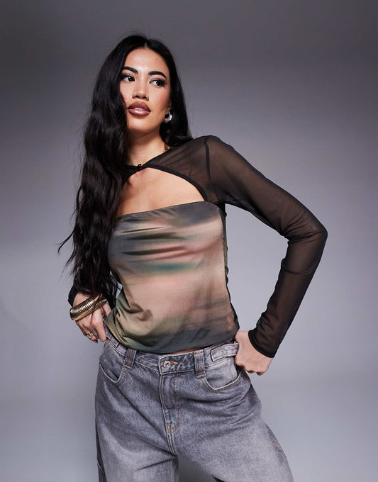 Mesh Long Sleeve Top With Rouleau Button Detail