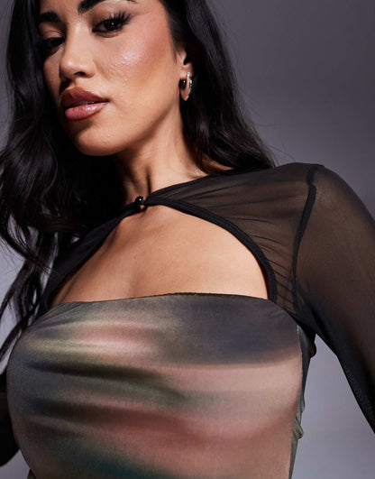 Mesh Long Sleeve Top With Rouleau Button Detail