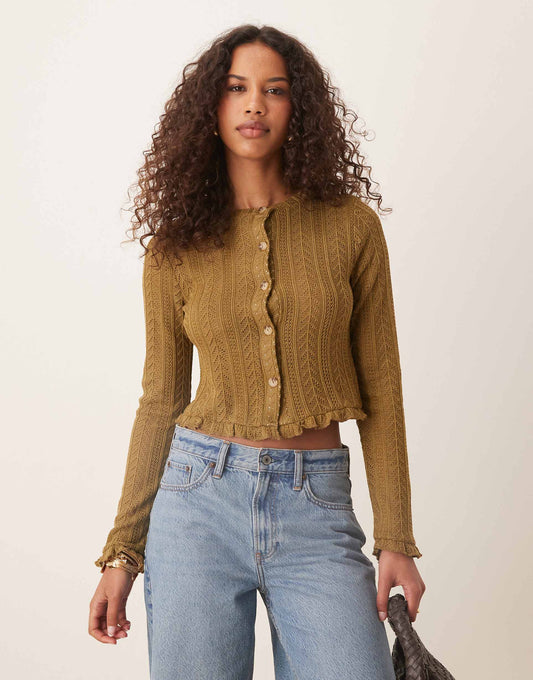 Ruffle Hem Crochet Cardigan Top