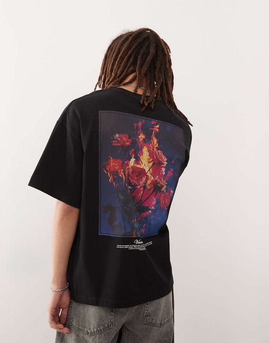 Rose Flame Back Print Oversized T-Shirt