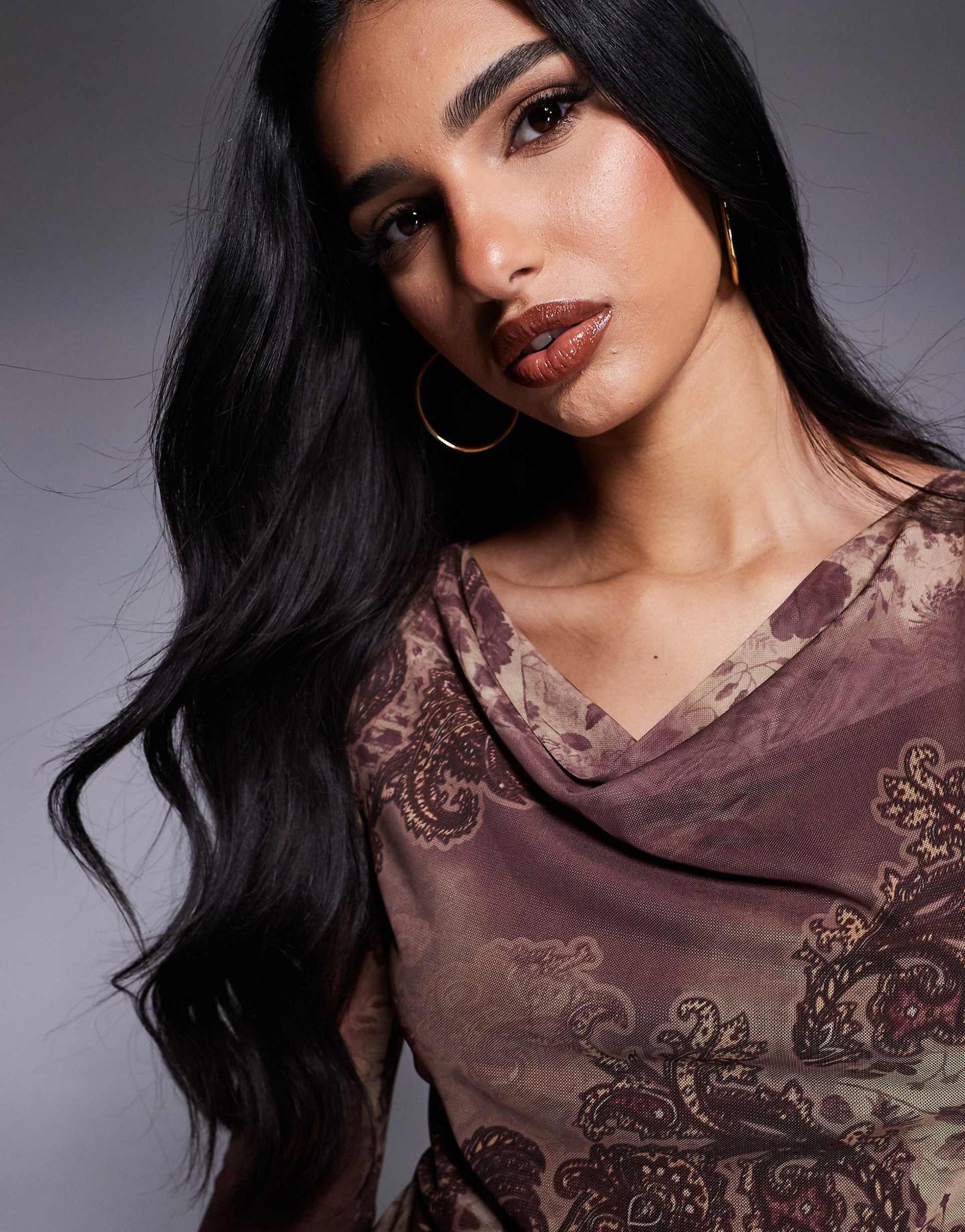 Printed Paisley Mesh Slash Neck Mini Cowl Dress With Back Tie Detail