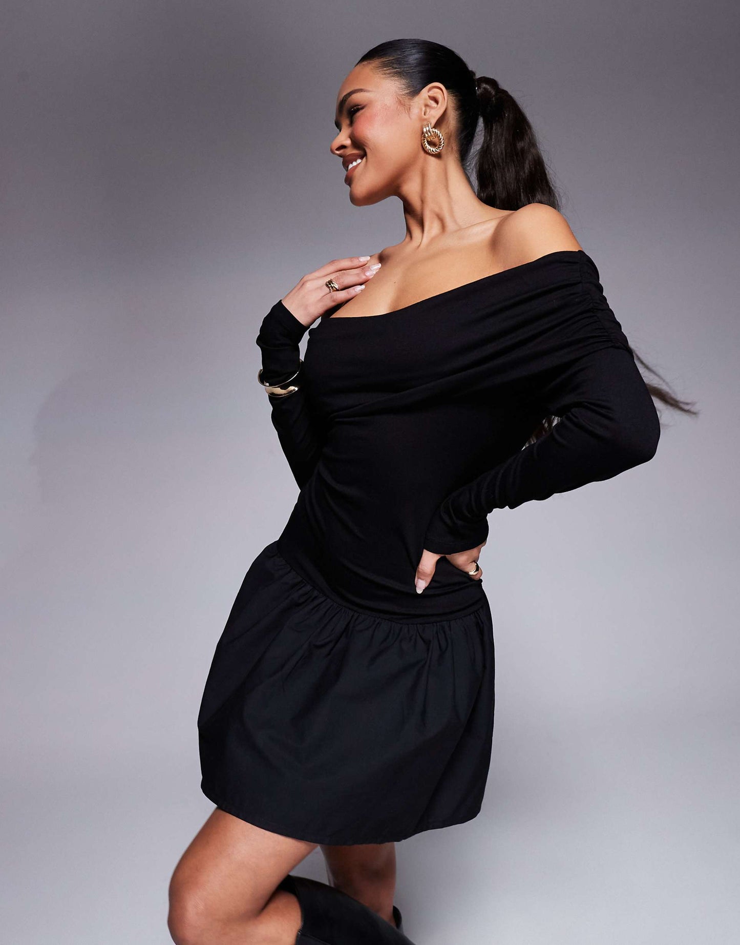 Poplin Mix Bardot Off Shoulder Mini Dress