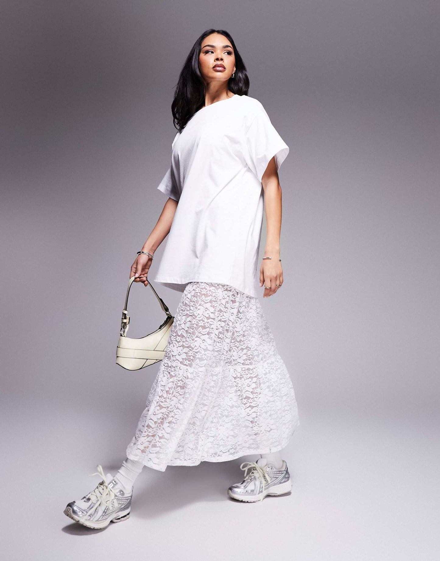 2 in 1 T-Shirt Midi Dress With Tiered Lace Skirt