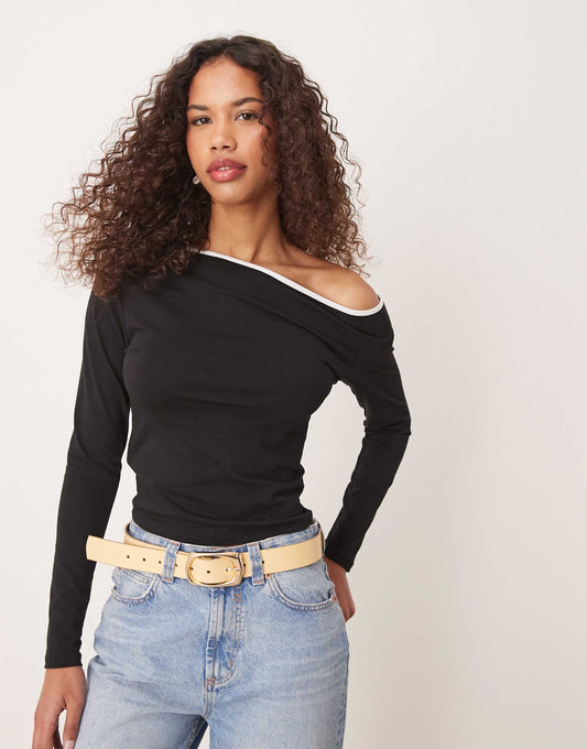 Off Shoulder Long Sleeve Top With Contrast Binding