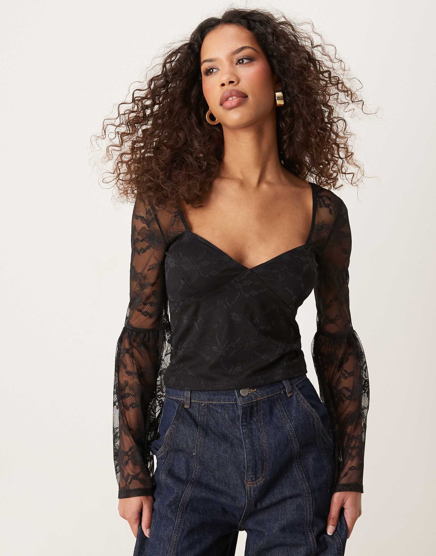 Lace Top With Gathered Flared Sleeves