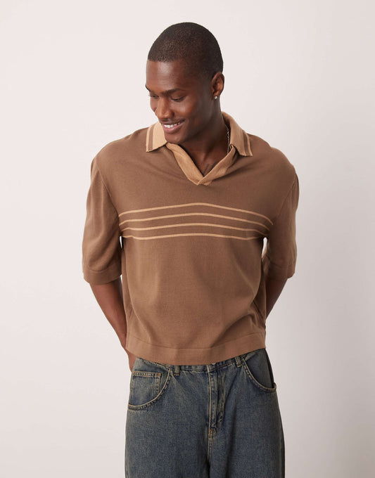 Oversized Boxy Fit Notch Neck Polo With Stripes