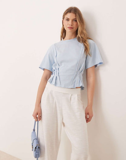 Seam Detail Short Sleeve Corset Waist T-Shirt