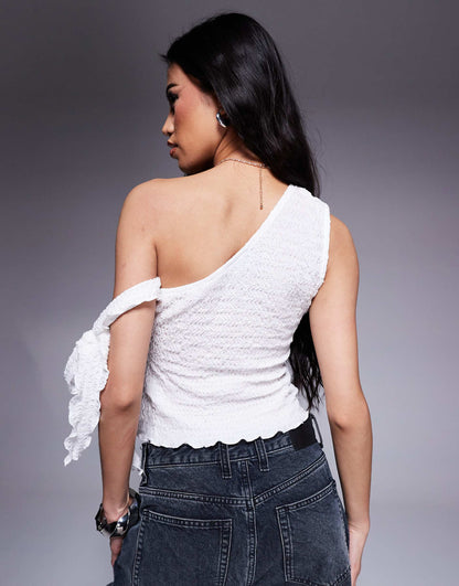 Spliced Wavey Texture Tie Side Top With Asymmetric Neck