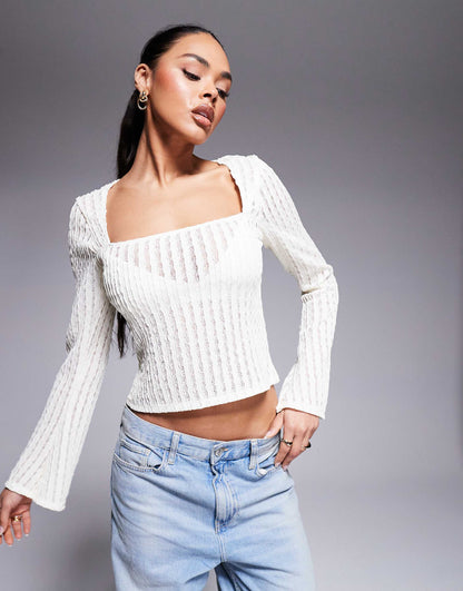 Open Texture Square Neck Flare Sleeve Top