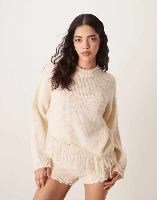 Knitted Crew Neck Jumper With Fringe Hem Detail