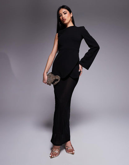 One Sleeve Trim Detail Maxi Dress With Sheer Skirt