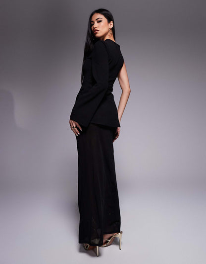 One Sleeve Trim Detail Maxi Dress With Sheer Skirt