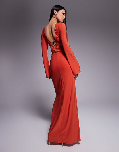 Long Sleeve Trim Back Detail Maxi Dress