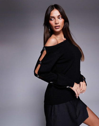 Off Shoulder Jumper With Metal Button Sleeves