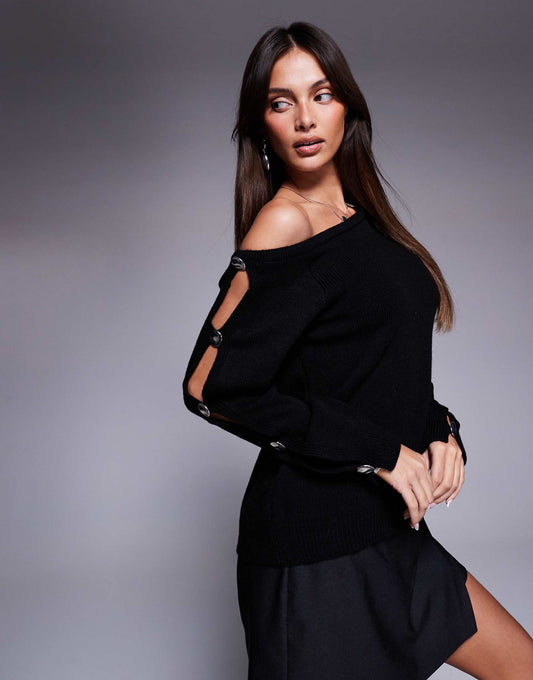 Off Shoulder Jumper With Metal Button Sleeves