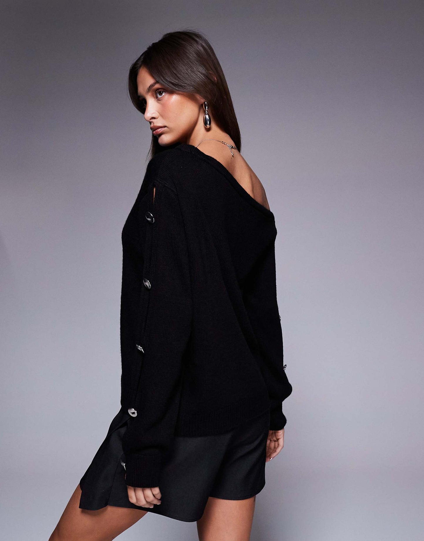 Off Shoulder Jumper With Metal Button Sleeves