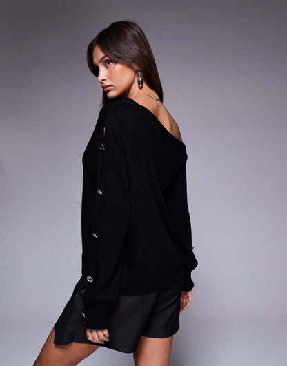 Off Shoulder Jumper With Metal Button Sleeves