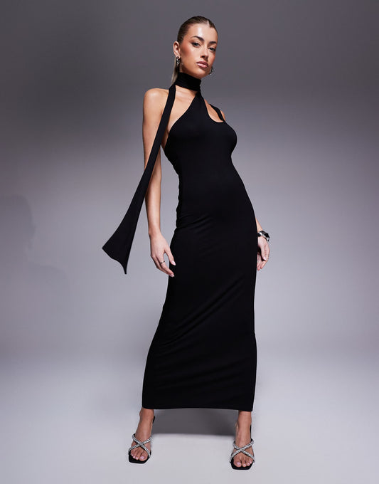 Asymmetric Slash Shoulder Midi Dress With Halter Neck Tie