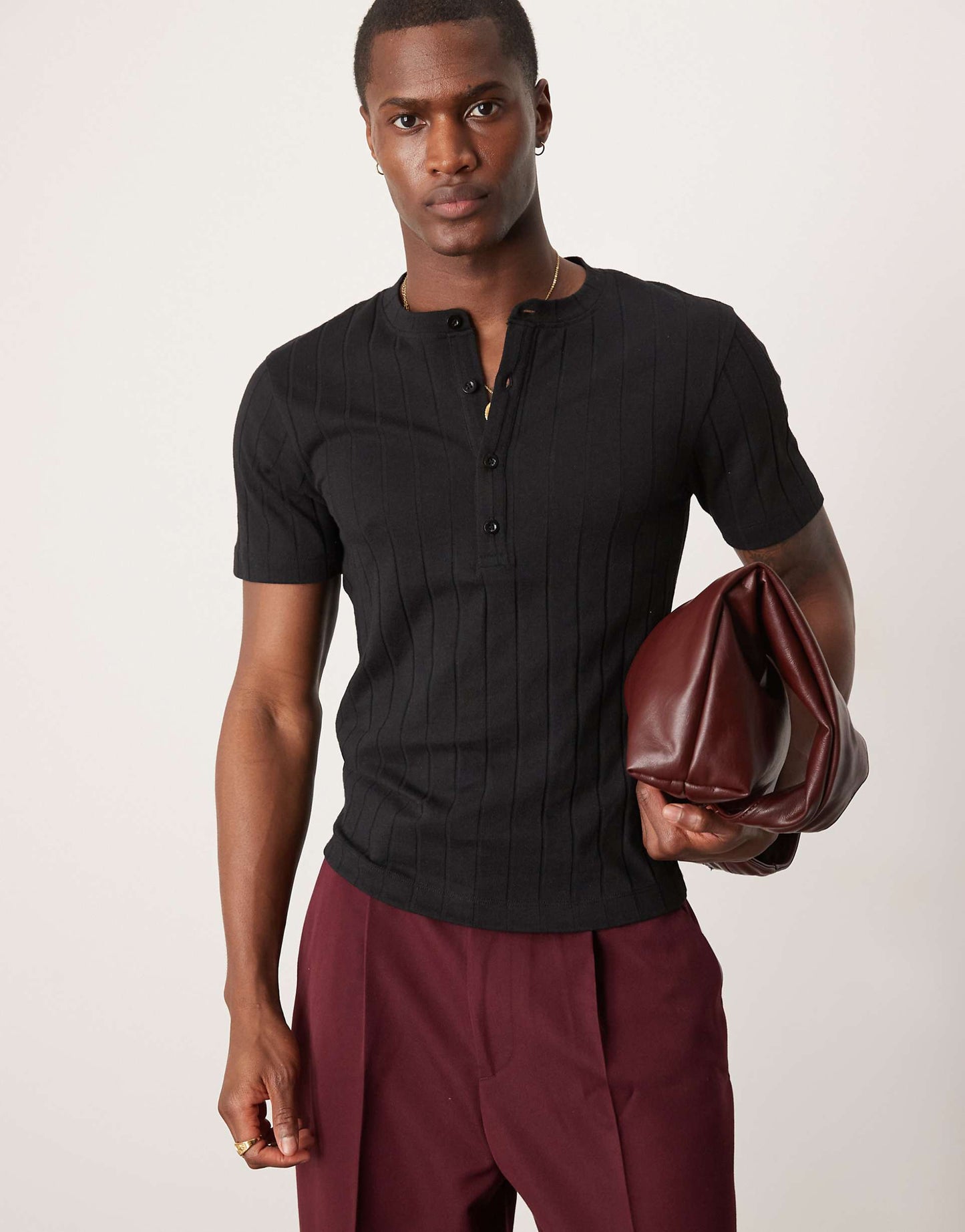 Muscle Fit Ribbed T-Shirt With Henley Neck