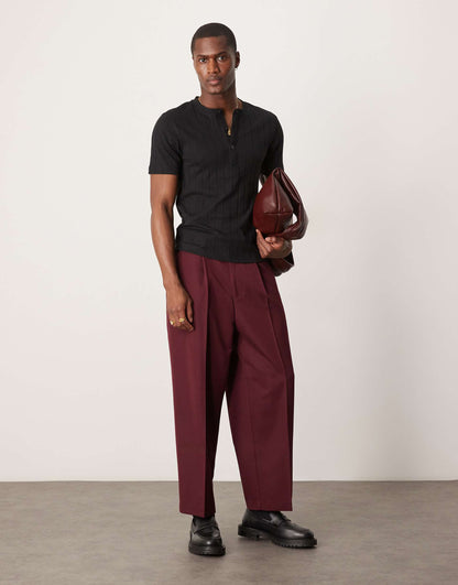 Muscle Fit Ribbed T-Shirt With Henley Neck